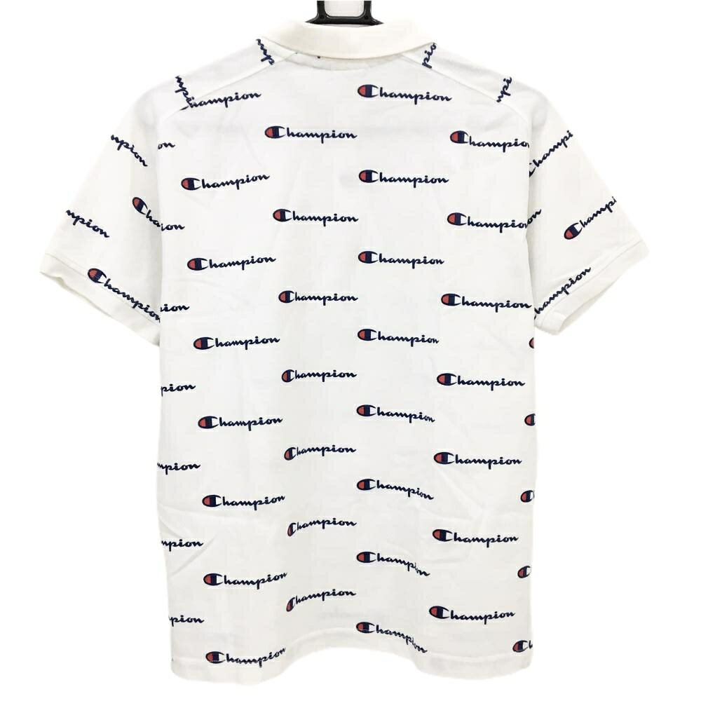 チャンピオン 半袖ポロシャツ 白×ネイビー×レッド ロゴ総柄 メンズ MEDIUM ゴルフウェア Champion