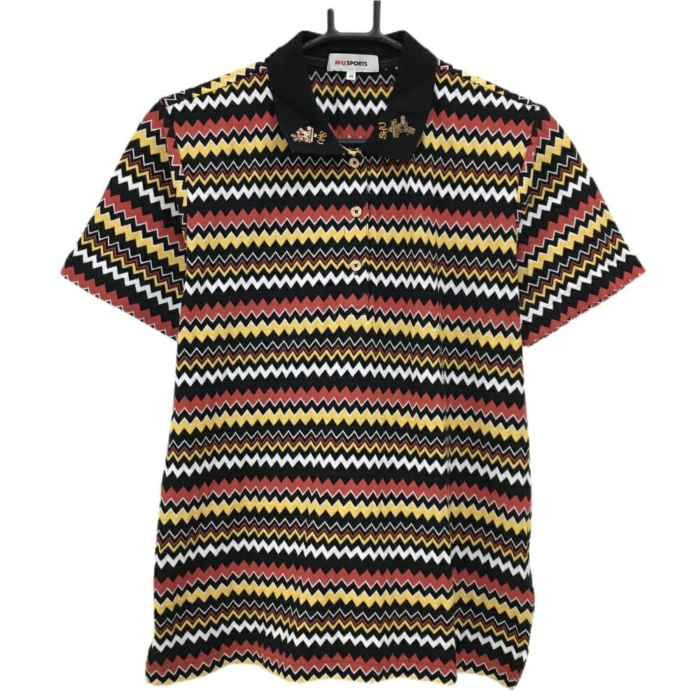 【美品】MUスポーツ 半袖ポロシャツ 黒×レッド ギザギザボーダー レディース 44(XL) ゴルフウェア M・U SPORTS