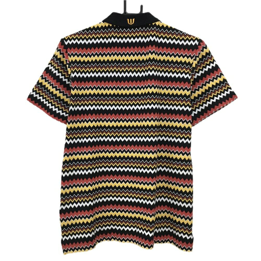 【美品】MUスポーツ 半袖ポロシャツ 黒×レッド ギザギザボーダー レディース 44(XL) ゴルフウェア M・U SPORTS