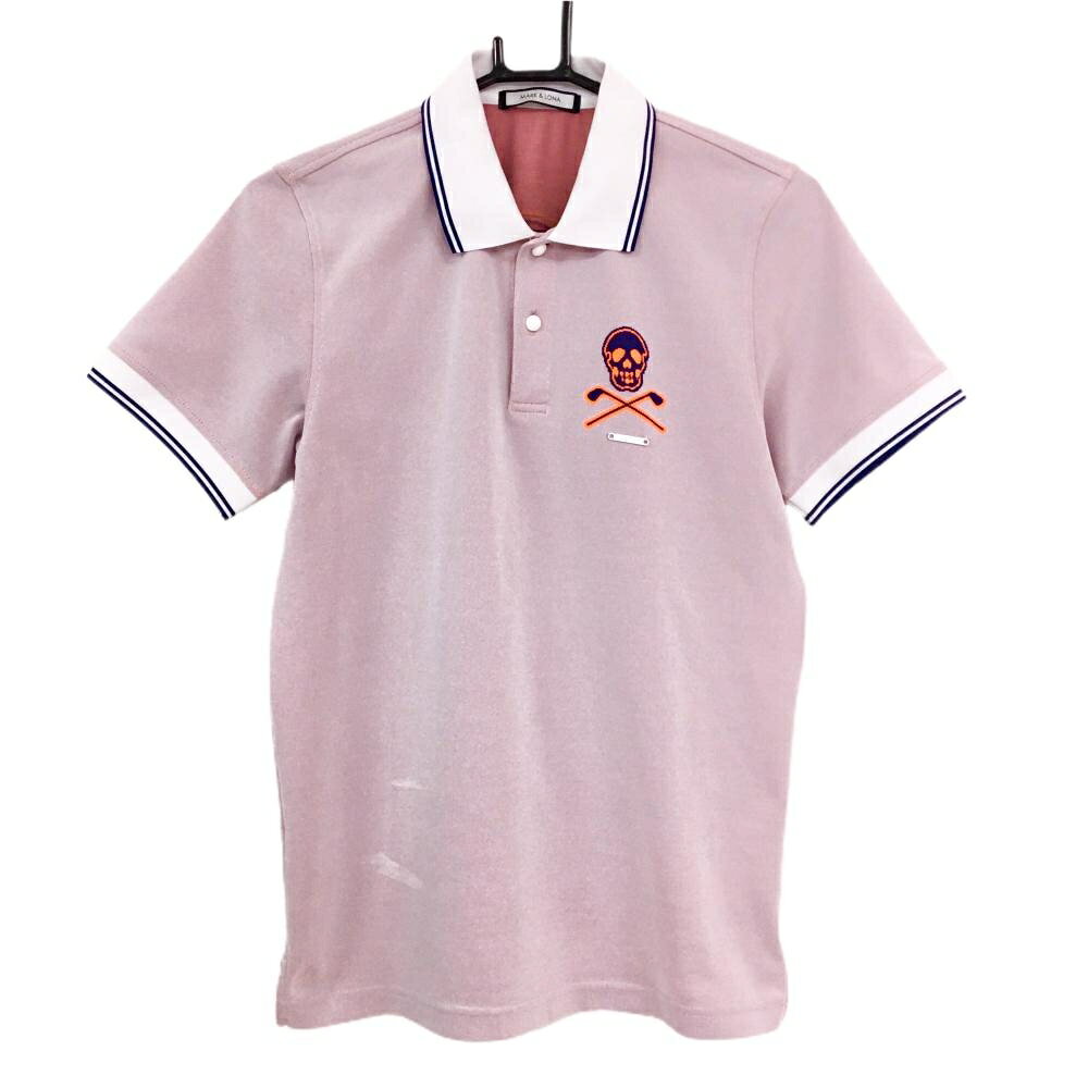 マークアンドロナ 半袖ポロシャツ ライトスモーキーピンク系×ネイビー スカル メンズ 46(M) ゴルフウェア MARK＆LONA