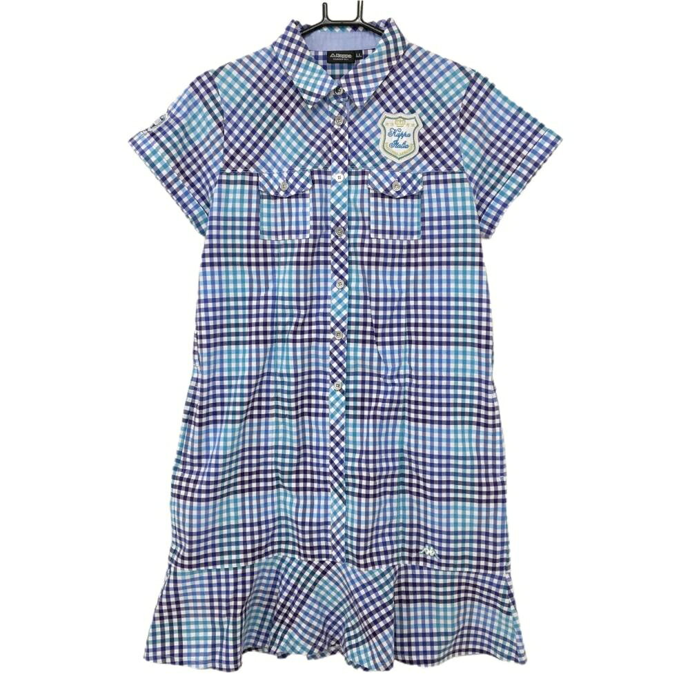 【美品】カッパ 半袖ポロワンピース 白×パープル チェック ロゴ刺しゅう レディース LL ゴルフウェア Kappa