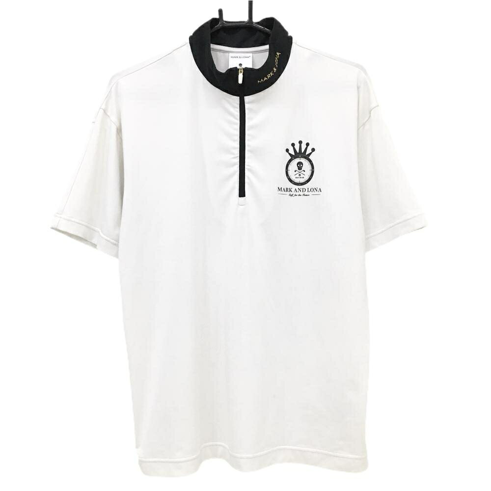 【美品】マークアンドロナ 半袖ハイネックシャツ 白×黒 バックプリント ハーフジップ メンズ 46(M) ゴルフウェア MARK＆LONA