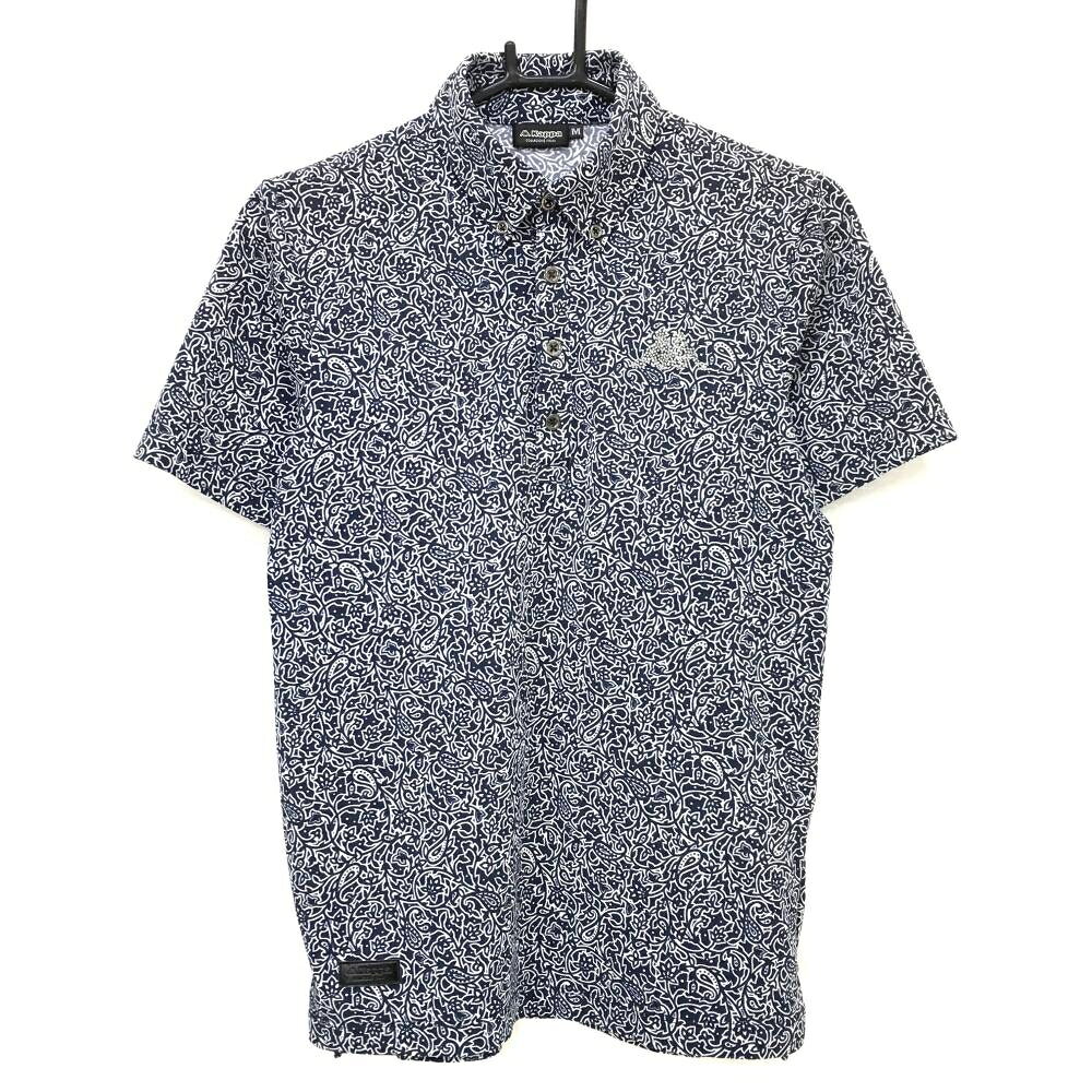 【超美品】カッパ 半袖ポロシャツ ネイビー×白 ペイズリー調総柄 ボタンダウン ラインストーンロゴ メンズ M ゴルフウェア Kappa