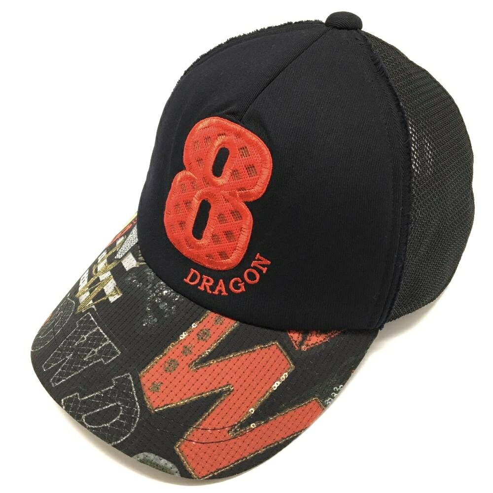 【美品】ダンスウィズドラゴン メッシュキャップ 黒×レッド つば総柄 ロゴ刺しゅう 99(F) ゴルフウェア Dance With Dragon