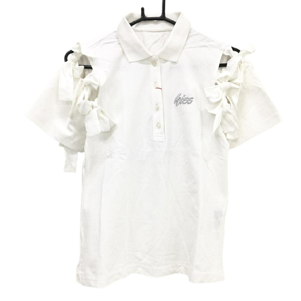 【新品】キスオンザグリーン 半袖ポロシャツ 白 袖リボン ロゴ刺しゅう レディース 3(L) ゴルフウェア kiss on the green