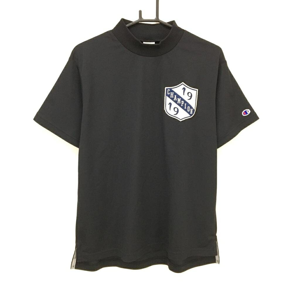 【超美品】チャンピオン 半袖ハイネックシャツ 黒 ワッペン ネック異素材 メンズ LARGE ゴルフウェア Champion