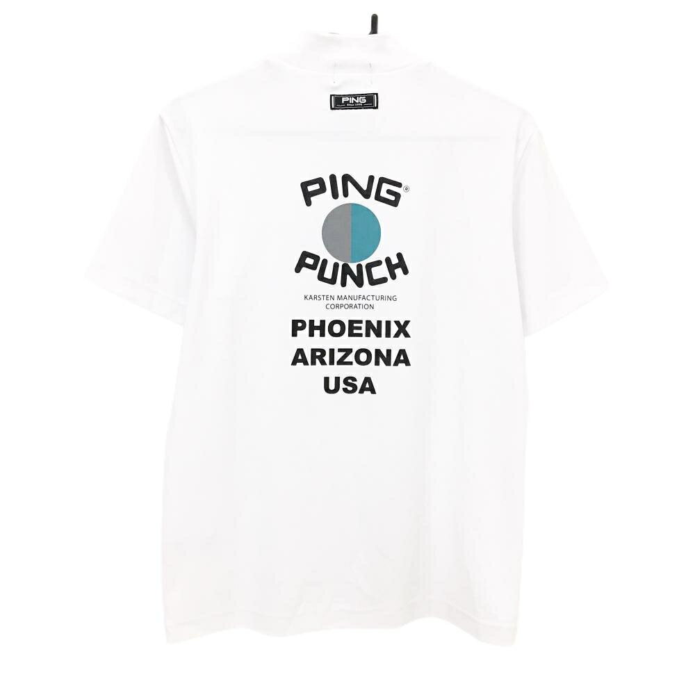 【超美品】ピン 半袖ハイネックシャツ 白×黒 ネック刺しゅう バックプリント メンズ M ゴルフウェア PING