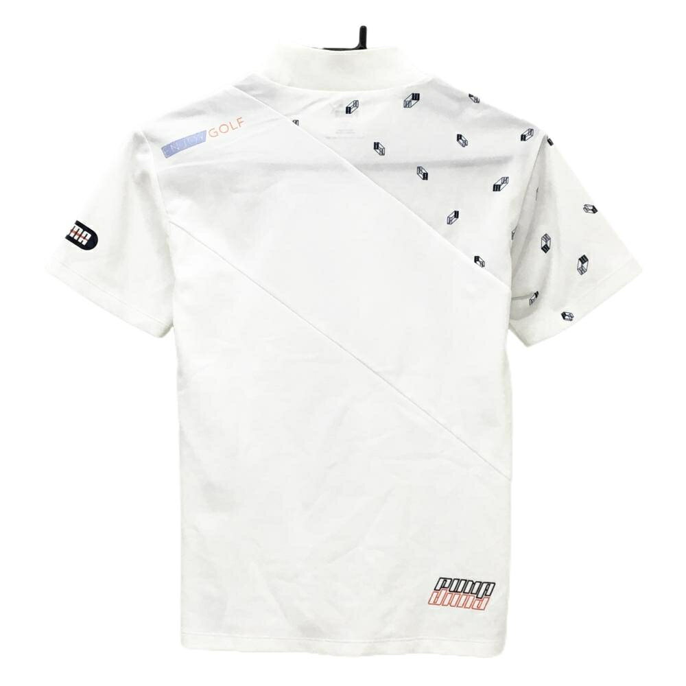 【美品】プーマ 半袖ハイネックシャツ 白×ネイビー 右袖ロゴ柄 レディース L ゴルフウェア PUMA