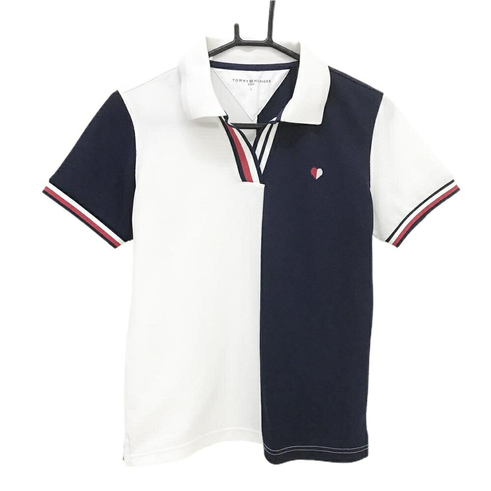 【美品】トミーヒルフィガー スキッパー半袖シャツ ネイビー×白 レディース L ゴルフウェア Tommy Hilfiger Golf