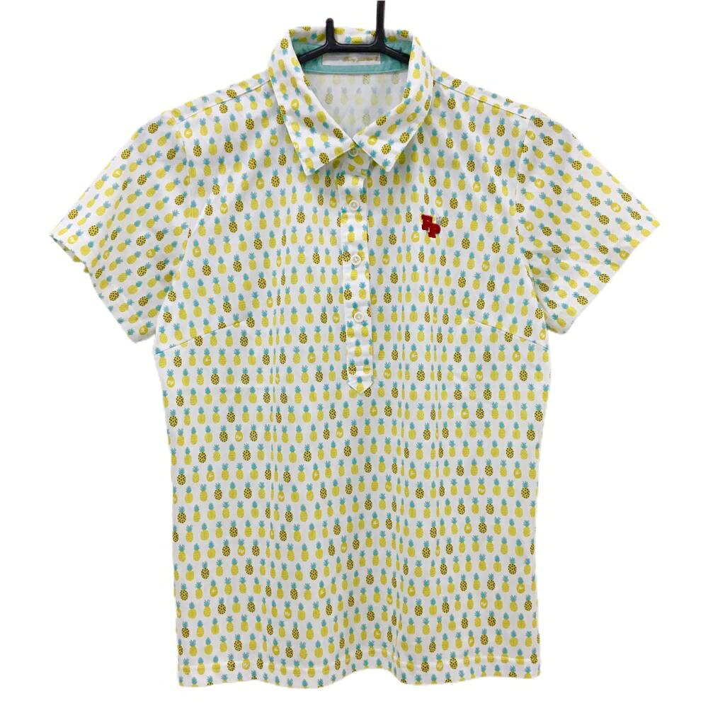 【美品】フェアリーパウダー 半袖ポロシャツ 白×イエロー系×ブルーグリーン系 レディース 3(L) ゴルフウェア FAIRY POWDER