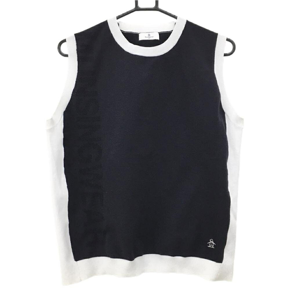 【超美品】マンシングウェア ニットベスト ネイビー×白 裾ロゴ刺しゅう レディース LL ゴルフウェア Munsingwear