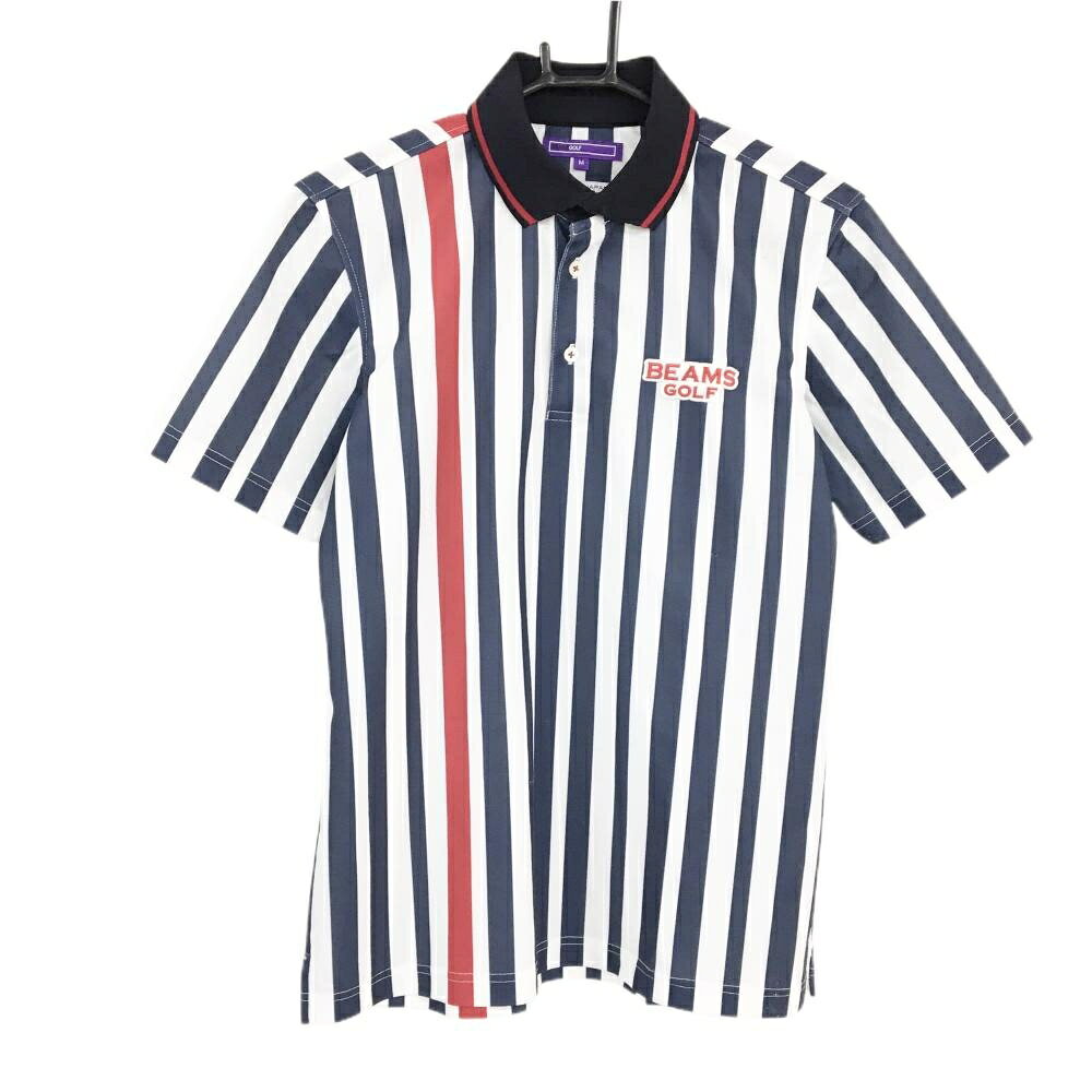 【美品】ビームスゴルフ 半袖ポロシャツ 白×ネイビー ストライプ ワッペン メンズ M ゴルフウェア BEAMS GOLF
