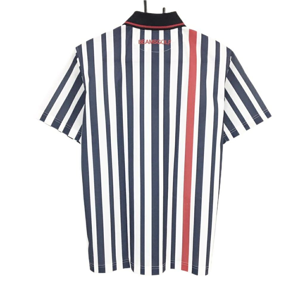 【美品】ビームスゴルフ 半袖ポロシャツ 白×ネイビー ストライプ ワッペン メンズ M ゴルフウェア BEAMS GOLF