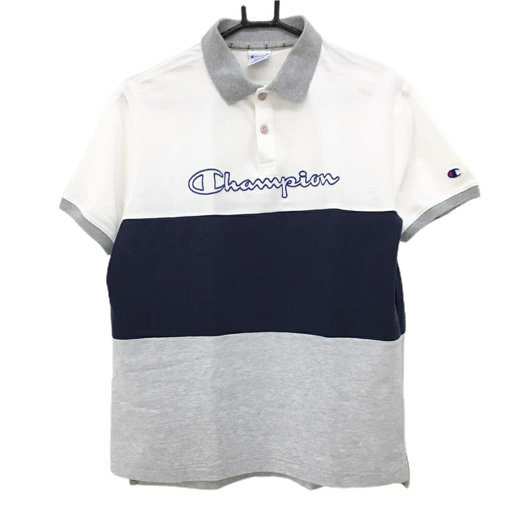 【美品】チャンピオン 半袖ポロシャツ 白×グレー×ネイビー ワイドボーダー ロゴ刺しゅう メンズ MEDIUM ゴルフウェア Champion