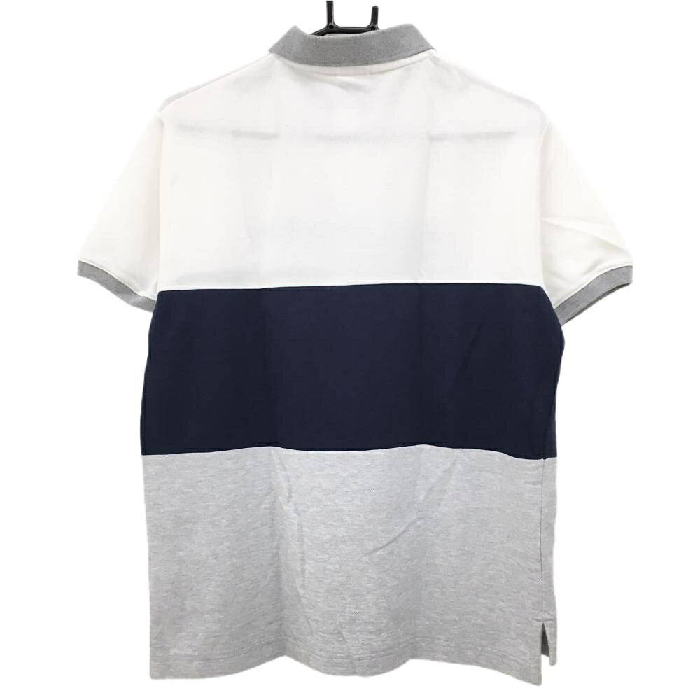 【美品】チャンピオン 半袖ポロシャツ 白×グレー×ネイビー ワイドボーダー ロゴ刺しゅう メンズ MEDIUM ゴルフウェア Champion
