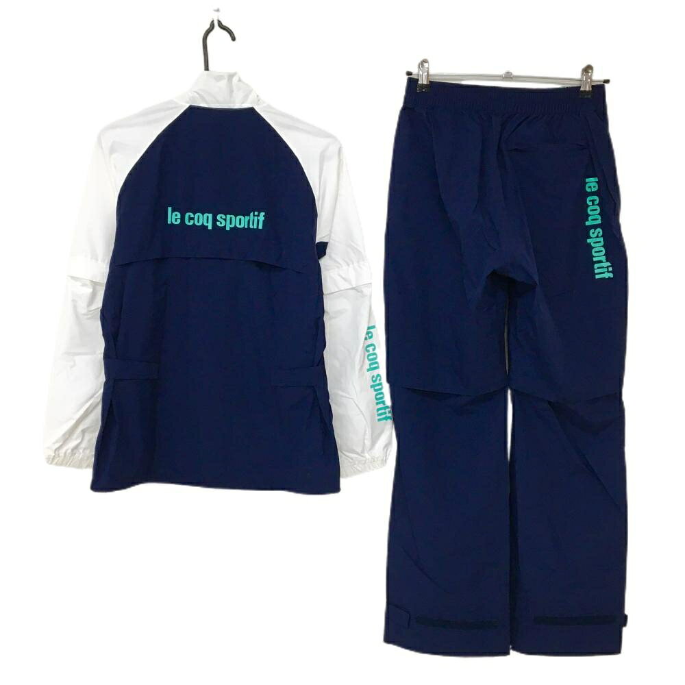 ルコックゴルフ レインウェア(2WAYジャケット×パンツ) ネイビー×白×ミントグリーン 袖着脱可 レディース M ゴルフウェア le coq sportif