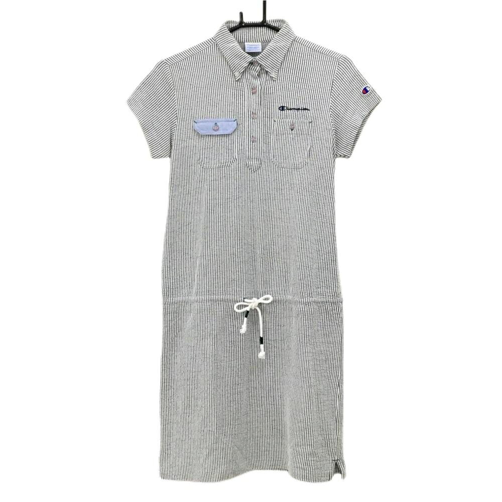 チャンピオン 半袖ポロワンピース 白×グレー ストライプ ストレッチ ボタンダウン レディース MEDIUM ゴルフウェア Champion