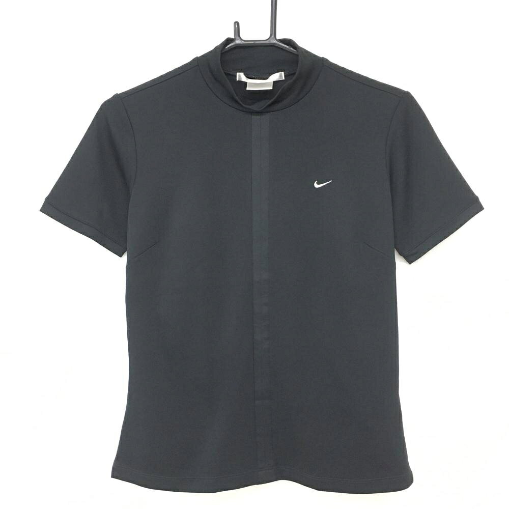 【超美品】ナイキゴルフ 半袖ハイネックシャツ 黒 ロゴ白 センターライン レディース M ゴルフウェア NIKE