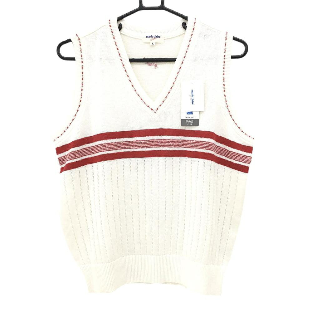 【新品】マリクレール ニットベスト アイボリー×レッド 胸ライン Vネック レディース L ゴルフウェア marie claire