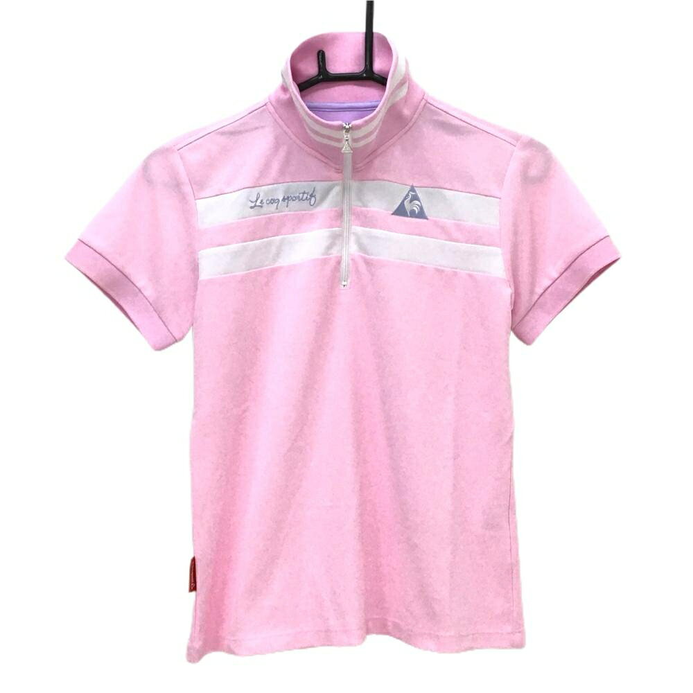 【超美品】ルコックゴルフ 半袖ハイネックシャツ ライトピンク×白 ハーフジップ レディース L ゴルフウェア le coq sportif