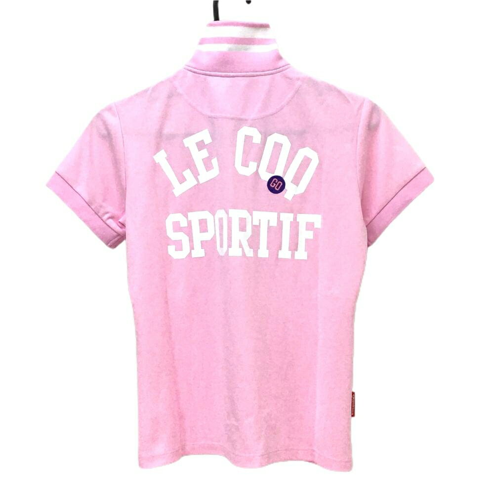【超美品】ルコックゴルフ 半袖ハイネックシャツ ライトピンク×白 ハーフジップ レディース L ゴルフウェア le coq sportif