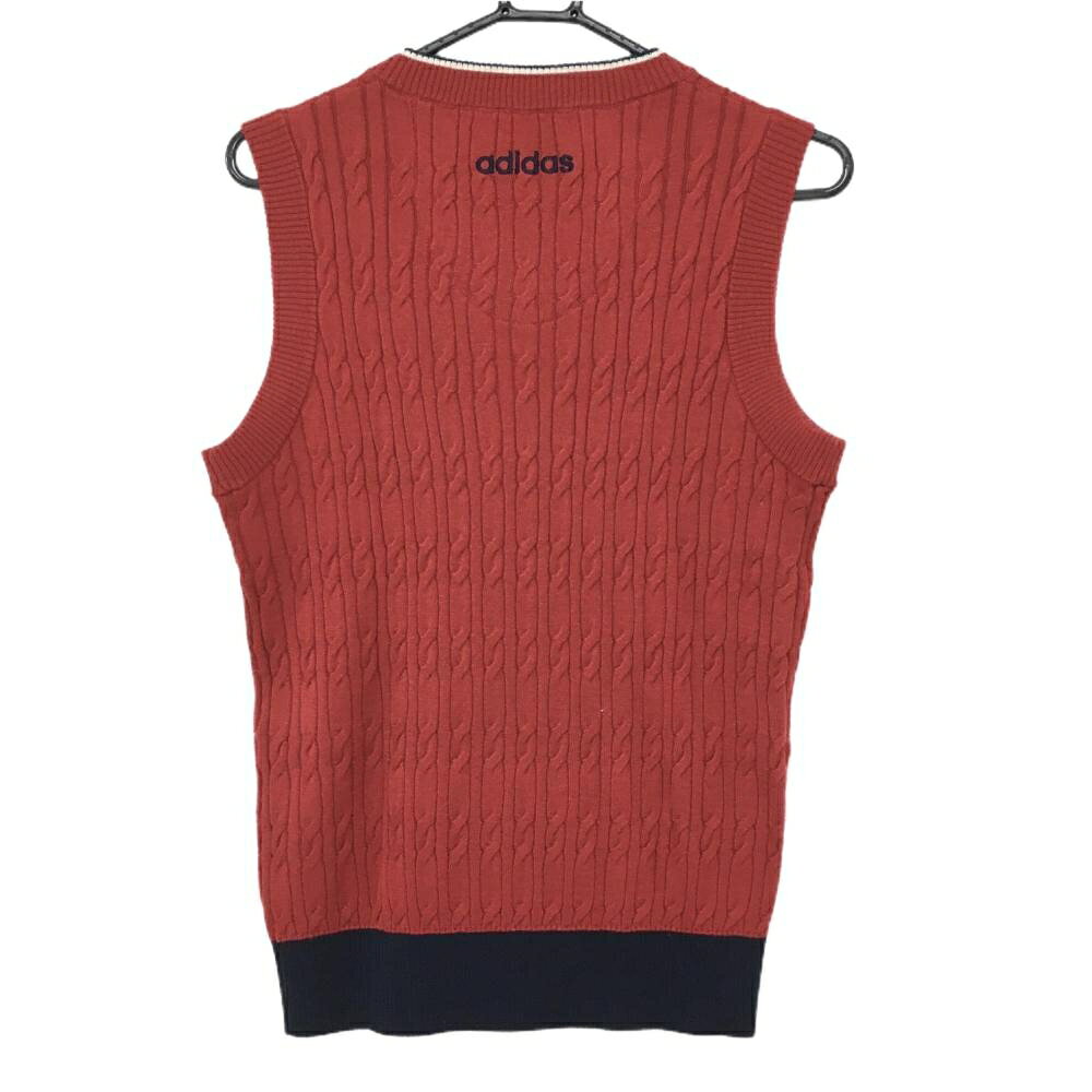 【美品】アディダス ニットベスト レッド×ダークネイビー ウール混 胸ロゴ刺しゅう Vネック メンズ M/M ゴルフウェア adidas