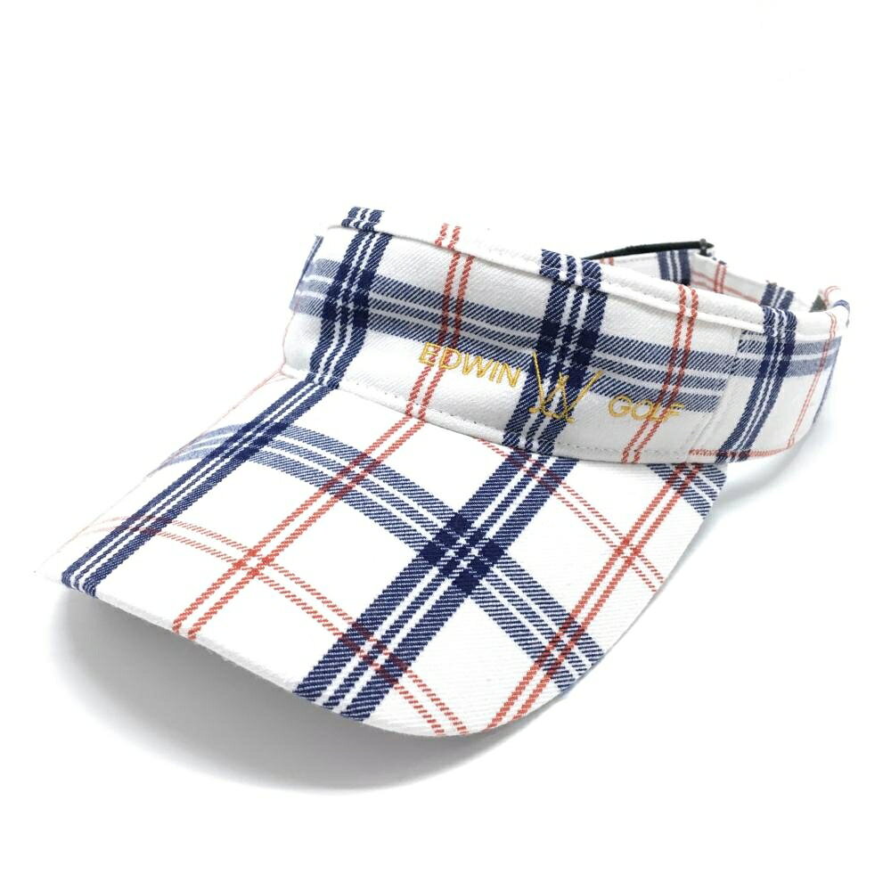 【美品】エドウィン サンバイザー 白×ネイビー チェック ロゴ刺しゅう FREE(56-58cm) ゴルフウェア EDWIN GOLF