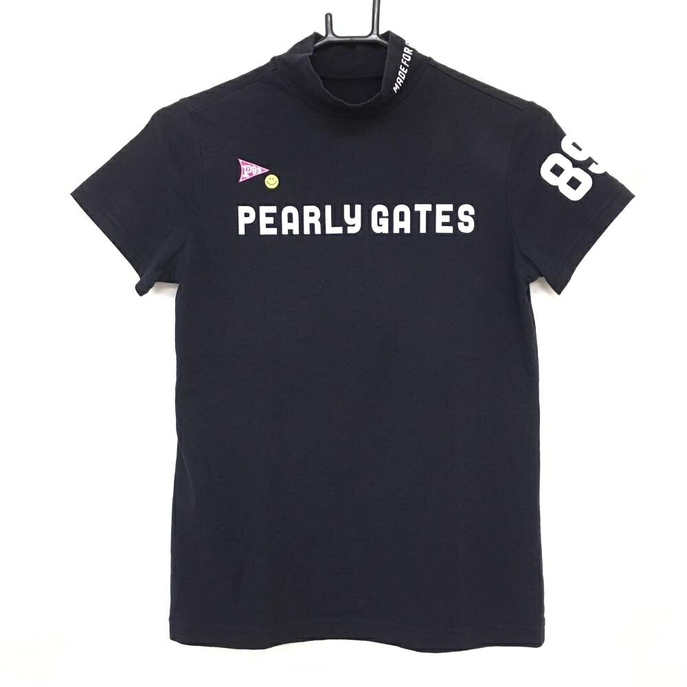 パーリーゲイツ 半袖ハイネックシャツ ネイビー×白 ニコちゃん スマイル ロゴ レディース 1(M) ゴルフウェア PEARLY GATES
