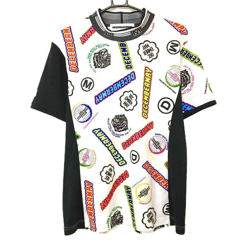 【超美品】ディセンバーメイ 半袖ハイネックシャツ 白×マルチカラー 総柄 吸湿速乾 防透 メンズ L ゴルフウェア 2025年モデル DECEMBERMAY