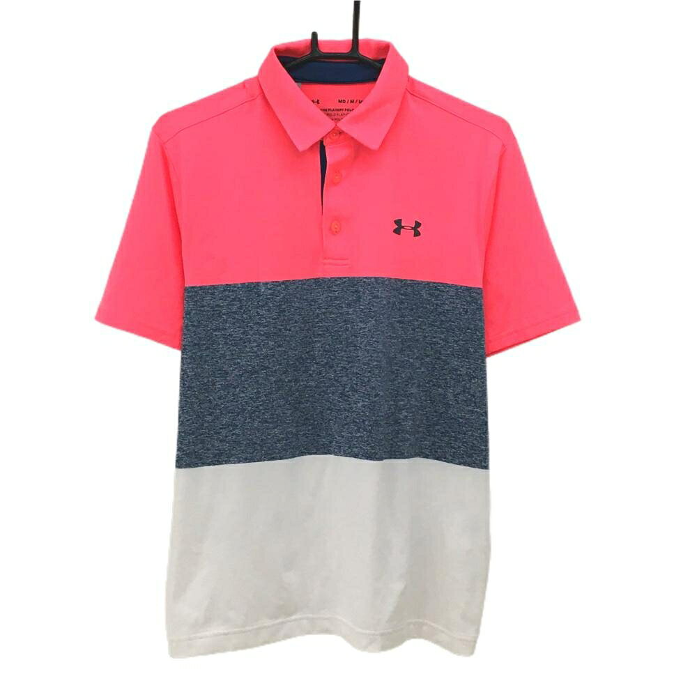 【美品】アンダーアーマー 半袖ポロシャツ ネオンピンク×ネイビー 胸元ロゴ メンズ MD/M/M ゴルフウェア UNDER ARMOUR