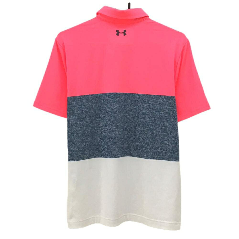 【美品】アンダーアーマー 半袖ポロシャツ ネオンピンク×ネイビー 胸元ロゴ メンズ MD/M/M ゴルフウェア UNDER ARMOUR
