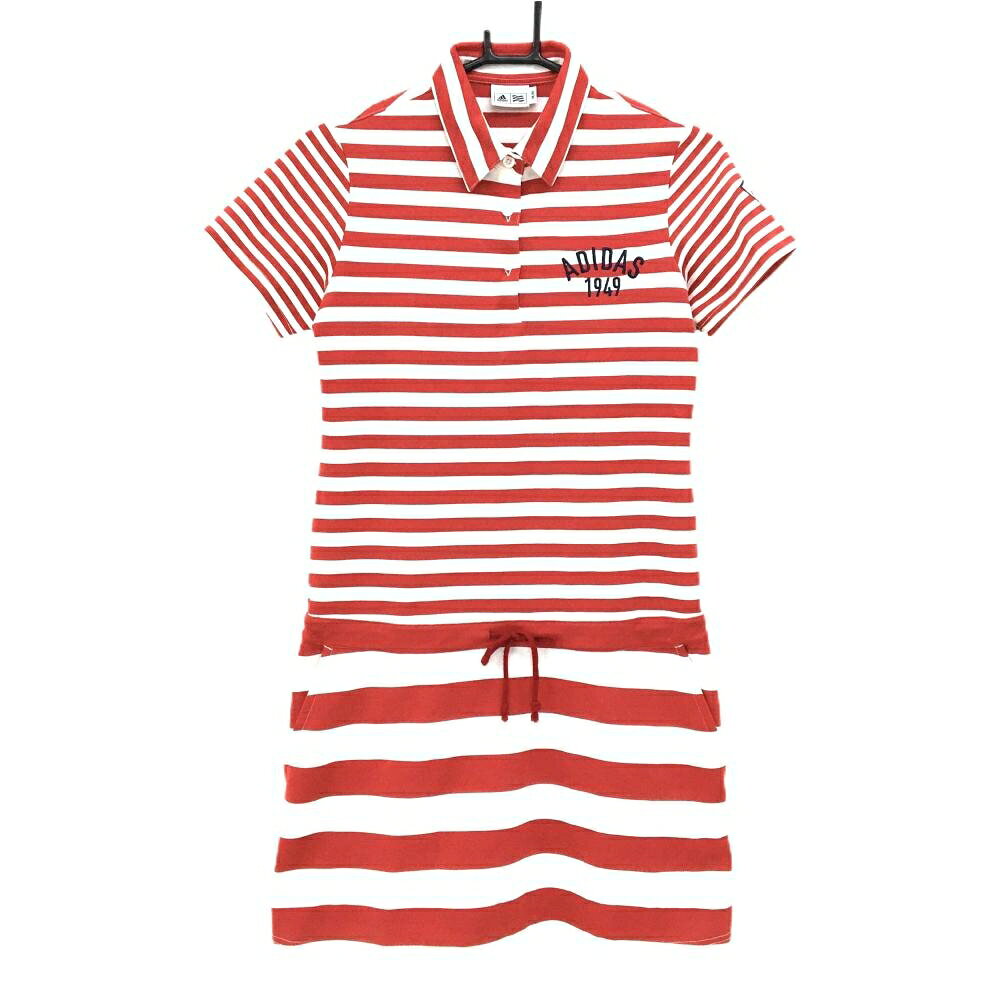 【25%OFFクーポン配布中！9/14まで】アディダス 半袖ポロワンピース レッド×白 ボーダー ロゴ刺しゅう レディース M/M ゴルフウェア adidas
