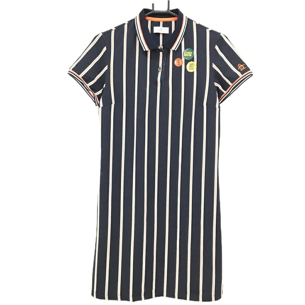 マンシングウェア 半袖ポロワンピース ネイビー×オレンジ ストライプ レディース L ゴルフウェア Munsingwear
