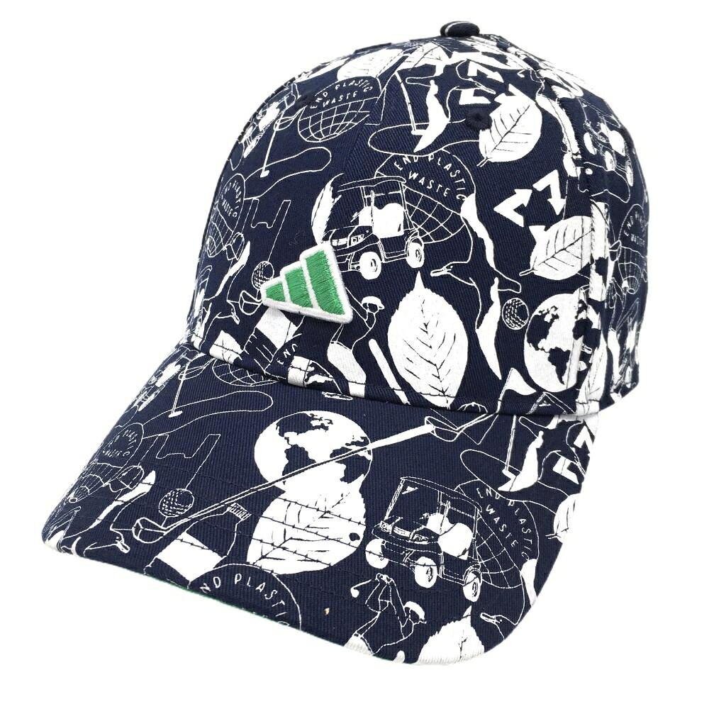 【25%OFFクーポン配布中！9/14まで】【未使用品】アディダス キャップ ネイビー×白 総柄 フロント立体ロゴ レディース フリーサイズ ゴルフウェア adidas
