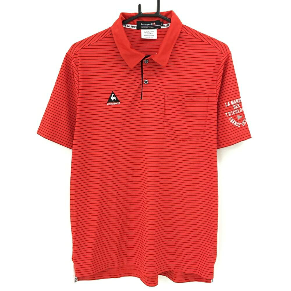 【25%OFFクーポン配布中！9/14まで】【美品】ルコックゴルフ 半袖ポロシャツ レッド×黒 ボーダー 胸ポケット ロゴ刺しゅう メンズ L ゴルフウェア le coq sportif