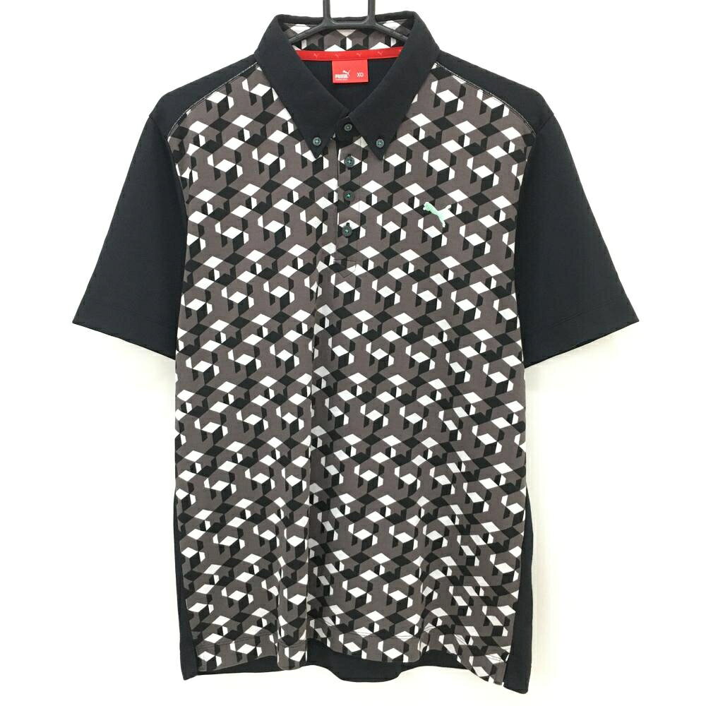 プーマ 半袖ポロシャツ 黒×グレージュ 前身頃総柄 ボタンダウン メンズ XO ゴルフウェア PUMA