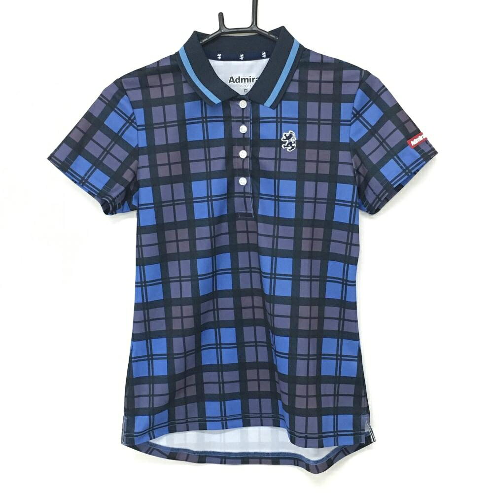 【超美品】アドミラル 半袖ポロシャツ ブルー×黒系 チェック ロゴワッペン レディース M ゴルフウェア Admiral