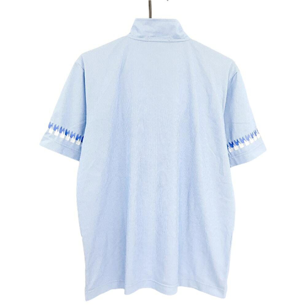 【美品】MUスポーツ 半袖ハイネックシャツ ブルー 細ストライプ ハーフジップ 袖刺しゅう メンズ 52(XL) ゴルフウェア M・U SPORTS