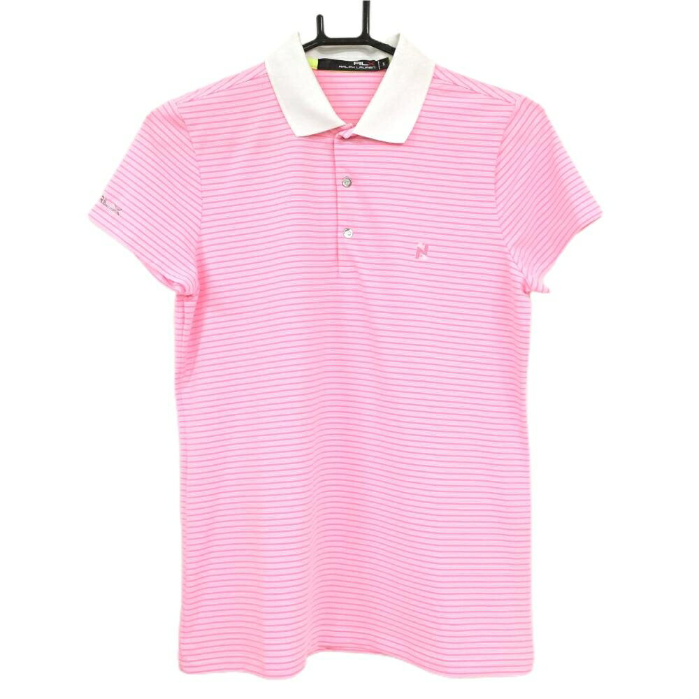 【美品】RLXラルフローレン 半袖ポロシャツ ピンク×白 ボーダー スナップボタン 袖ロゴ レディース S ゴルフウェア Ralph Lauren