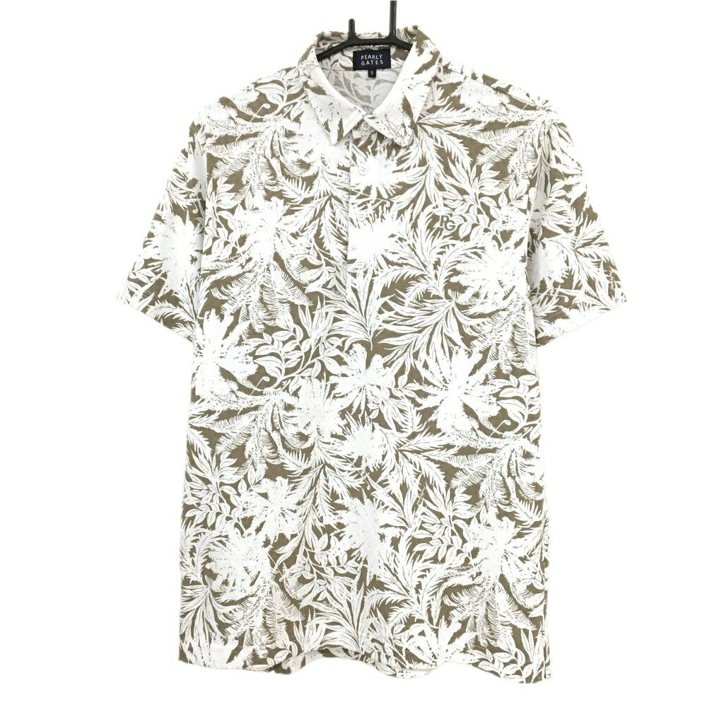 パーリーゲイツ 半袖ポロシャツ ブラウン系×白 総柄 リーフ 胸ロゴ メンズ 6(XL) ゴルフウェア PEARLY GATES