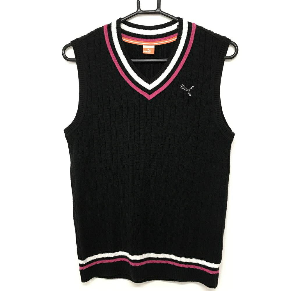 【超美品】プーマ ニットベスト 黒 ×ピンク ロープ編み ロゴ刺しゅう Vネック メンズ M ゴルフウェア PUMA