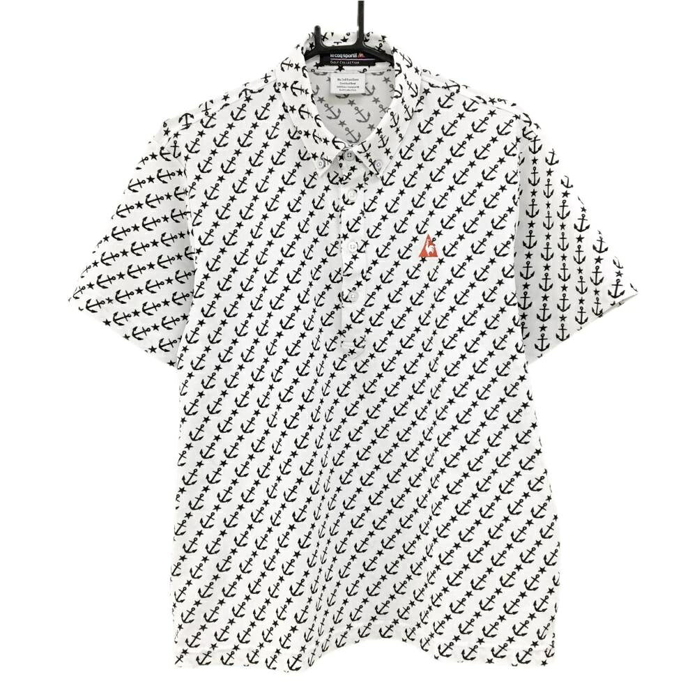 【美品】ルコックゴルフ 半袖ポロシャツ 白×ネイビー イカリ総柄 メンズ LL ゴルフウェア le coq sportif