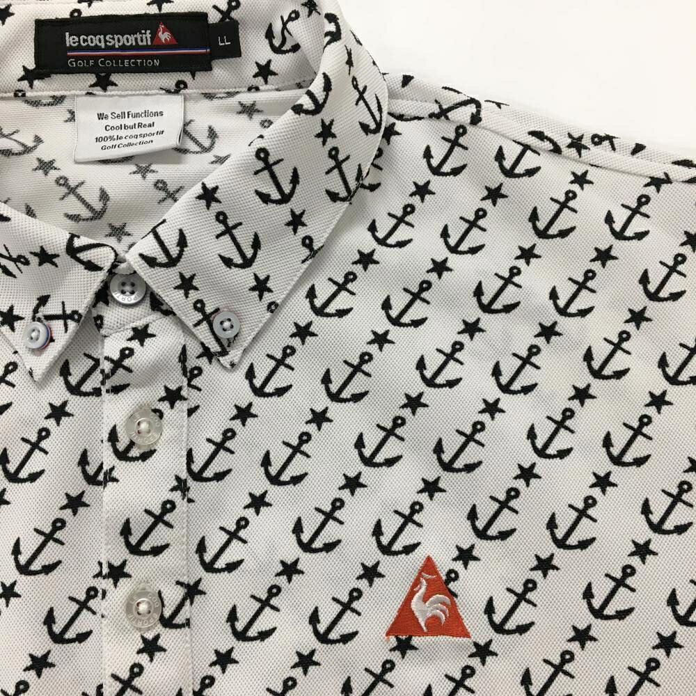 【美品】ルコックゴルフ 半袖ポロシャツ 白×ネイビー イカリ総柄 メンズ LL ゴルフ...