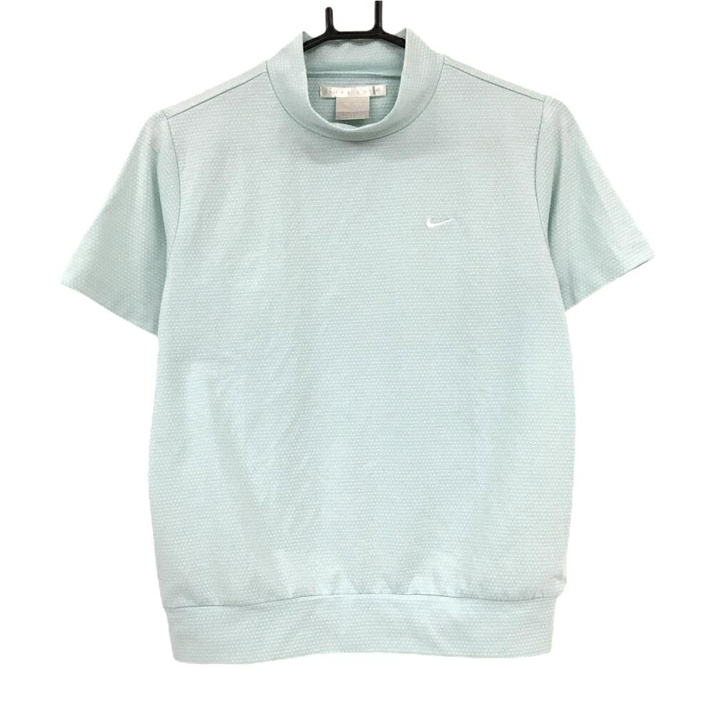 【美品】ナイキゴルフ 半袖ハイネックシャツ ライトブルー×白 ピンドット ロゴ刺しゅう レディース M ゴルフウェア NIKE