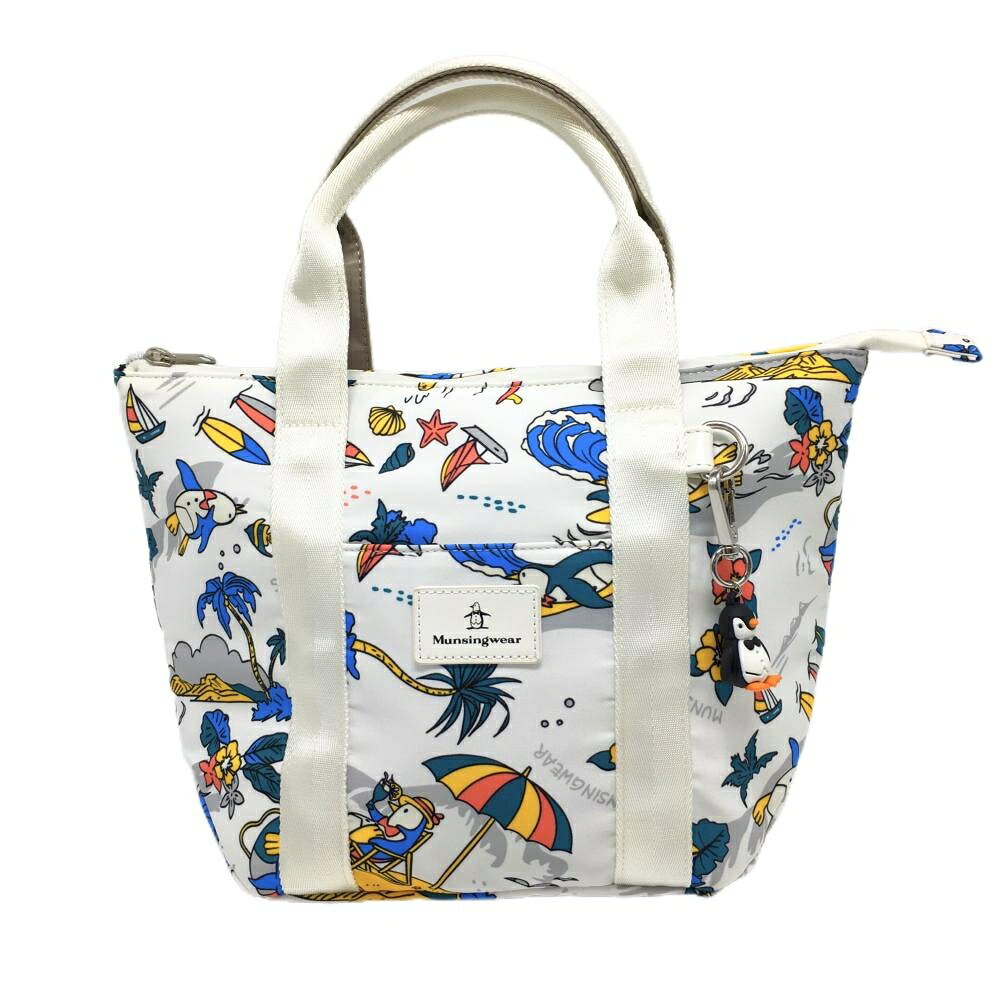 【超美品】マンシングウェア 保冷カートバッグ 白×マルチカラー 総柄 ペンギンチャーム付 ゴルフ Munsingwear