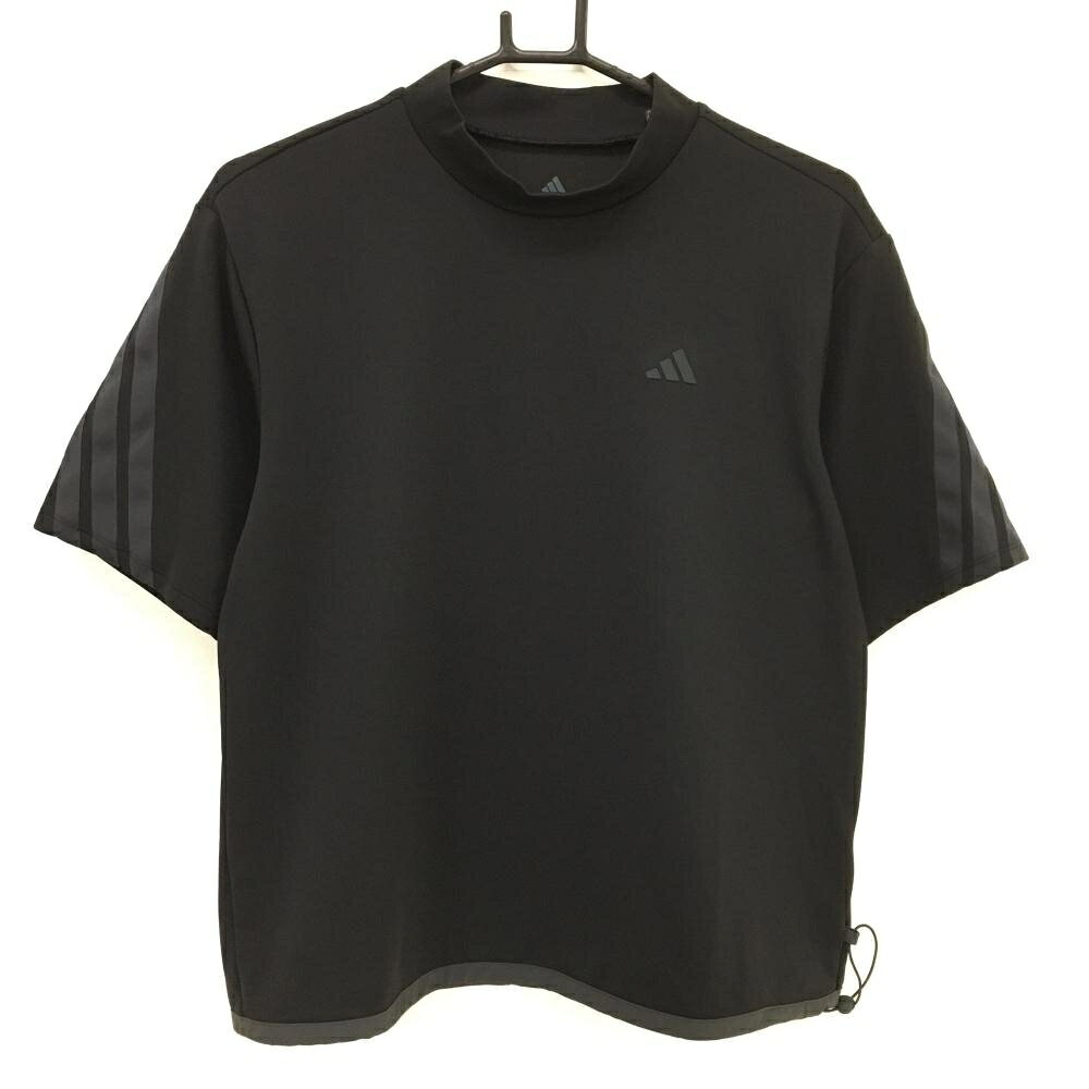 【超美品】アディダス 半袖ハイネックシャツ 黒 袖3ライン 裾ドローコード レディース M ゴルフウェア 2024年モデル adidas