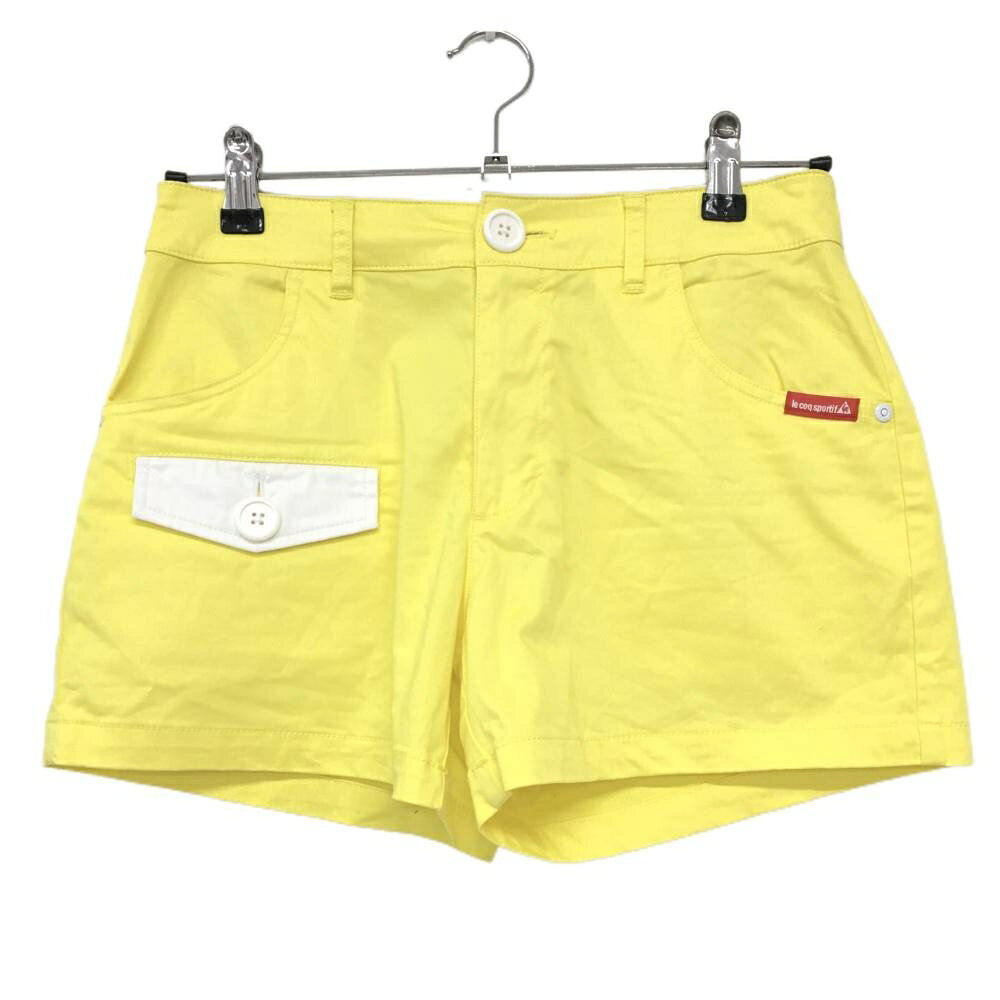 【美品】ルコックゴルフ ショートパンツ イエロー×白 ロゴ刺しゅう ストレッチ レディース 9 ゴルフウェア le coq sportif