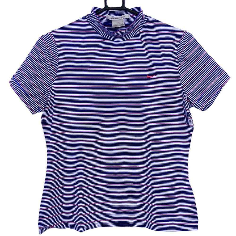 【超美品】ナイキゴルフ 半袖ハイネックシャツ パープル×白 ボーダー ロゴ刺しゅう レディース L　G　G ゴルフウェア NIKE