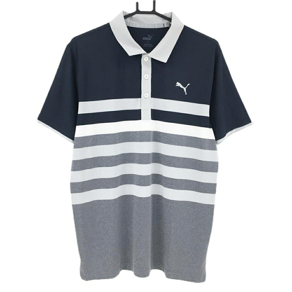 【超美品】プーマ 半袖ポロシャツ ネイビー×グレー 一部ボーダー メンズ XL ゴルフウェア PUMA