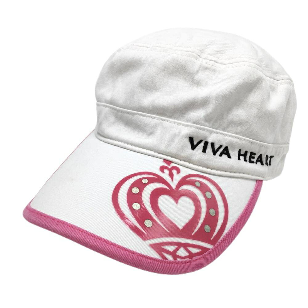 【美品】ビバハート ワークキャップ 白×ピンク ロゴ刺しゅう レディース 40 ゴルフウェア VIVA HEART